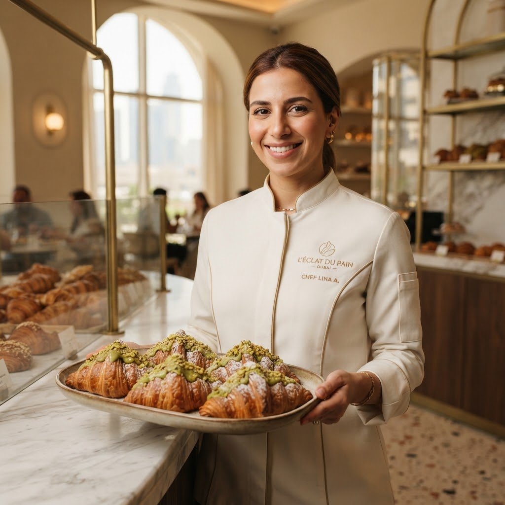 Freshly baked pistachio croissants