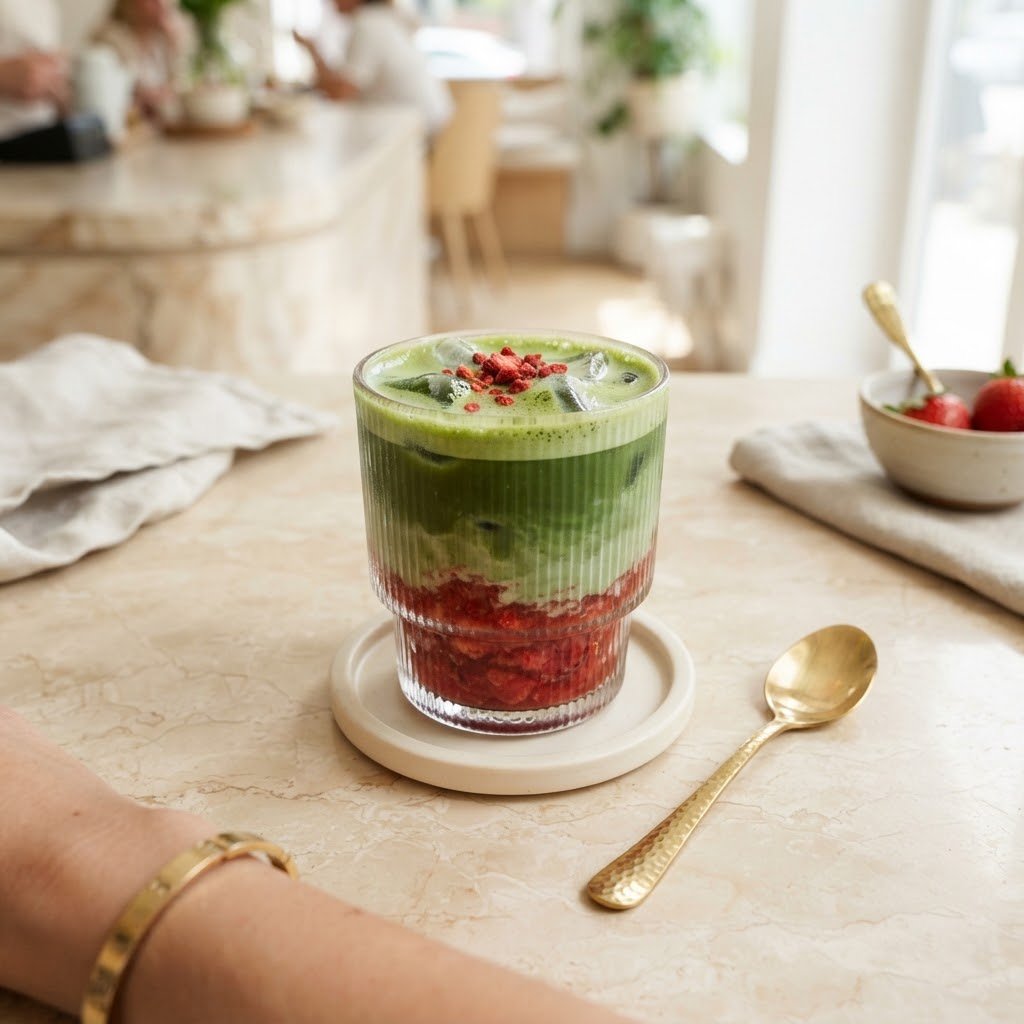 Layered iced strawberry matcha latte