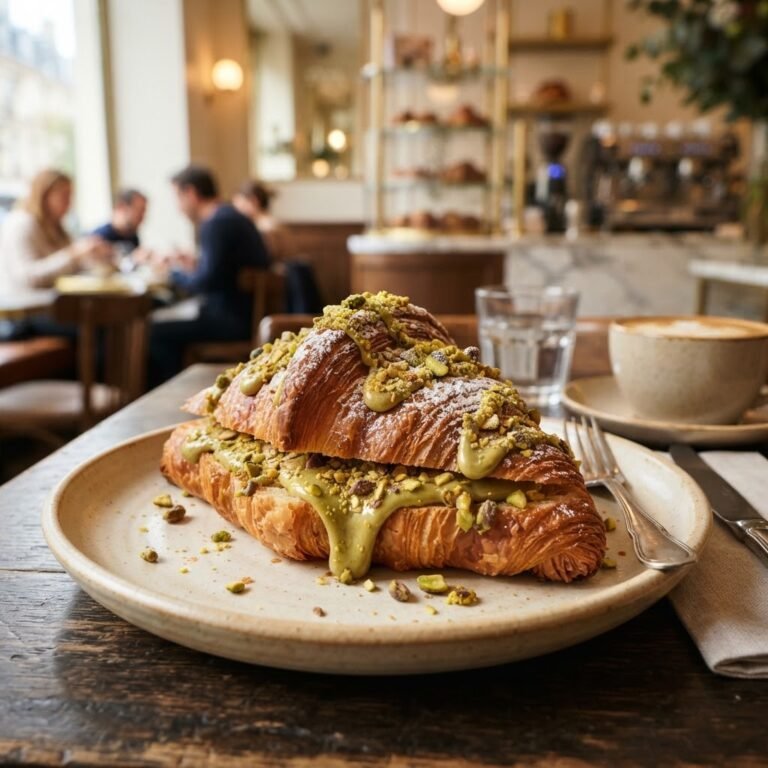 Flaky pistachio cream croissant with crushed pistachios