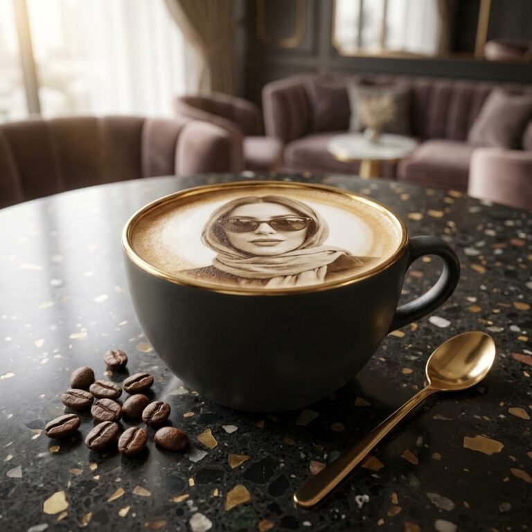 Latte in a ceramic cup with a sepia portrait print