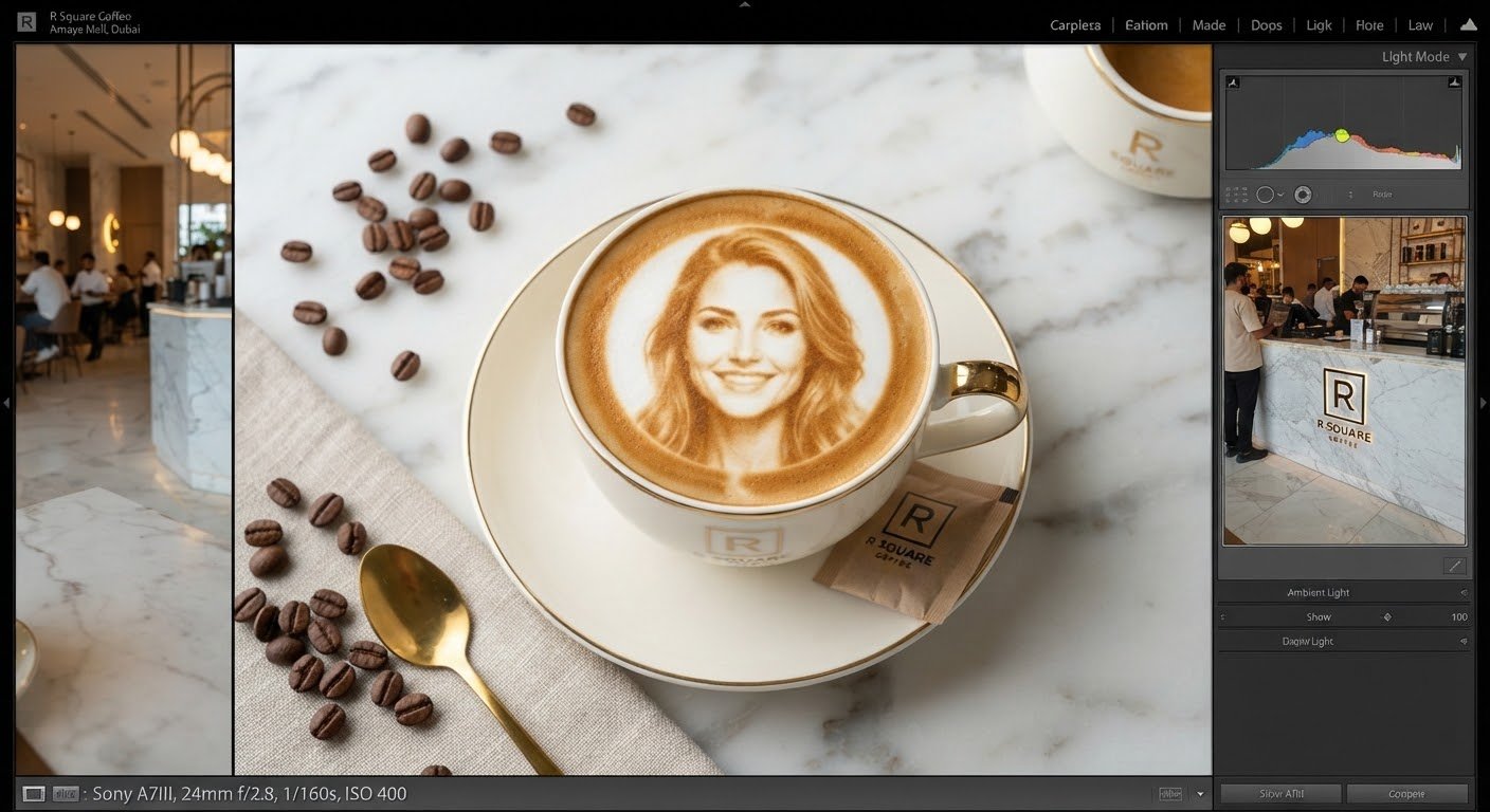 Top-down view of a selfie latte in a porcelain cup
